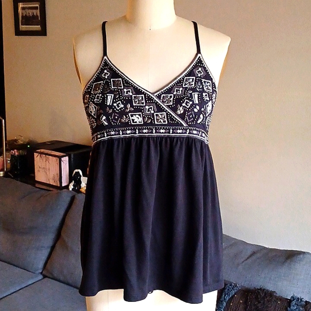 Beaded Embroidered Sequin Hollister Racerback Black Tanktop